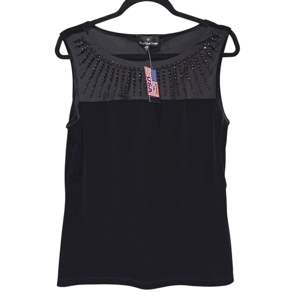Ronni Nicole Top Black‎ Beaded Mesh Yoke Velvet Evening Sleeveless Womens L